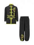 Mufeng Kinder Jungen Tai Chi Uniform Langarm Kung Fu Shirt mit Wushu Hose Chinesisch Kung Fu Wing Chun Stickerei Kostüm Set Sport Schwarz 158-164