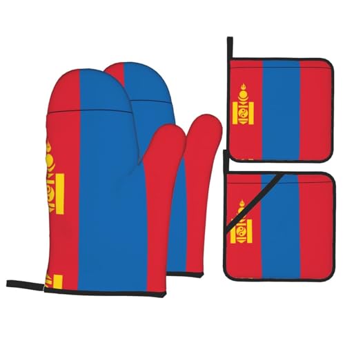 LLKGOT Ofenhandschuhe, Topflappen mit mongolischer Flagge, 4 Stück, für Küche und Backen, wasserdicht, hitzebeständig und langlebig