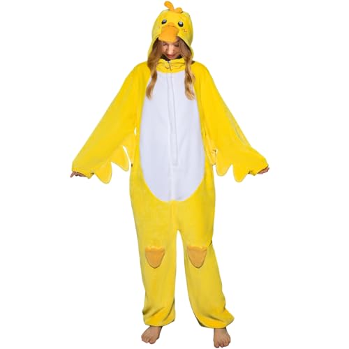 OLAOLA Onesie für Erwachsene, Gelbe Ente Tierkostüm, Unisex Onesies Plüsch Halloween Cosplay Pajamas Einteiler Schlafanzug