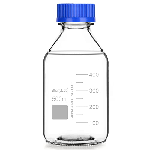 stonylab Graduierte Aufbewahrungsflaschen mit GL45 Schraubverschluss, 500 ml Borosilikatglas klare Runde Laborreagenzien Aufbewahrungsflaschen mit Blauem Schraubverschluss, 1 Pack