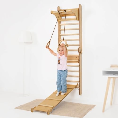 Goodevas Schwedenleiter aus Holz für Kinder - Montessori Kletterwand Indoor Klettergerüst für Kleinkinder - Sprossenwand Kinderzimmer für Kinder Beige