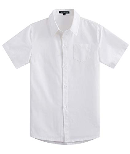 Spring&Gege Jungen Kurzarm Einfarbig Formale Baumwoll Hemden Klassisch Schuluniform Shirts für Kinder, Weiß, 7-8 Jahre