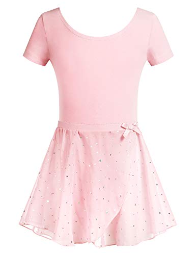 Arshiner Kinder Ballettanzug Kurzarm Mädchen Ballettkleidung Tanzkleid Tanzbody mit Rock Tütü mit Pailletten Ballettkleid Rosa 140/6-7 Jahre