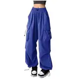 Cargohose Damen Schwarz, Track Pants Damen Y2K, Sweathosen Elastisch Multi Taschen Wanderhose mit Gummizug 90er Parachute Pants Freizeit Lockerer Freizeithose Luftige Bequeme Streethose Fitness