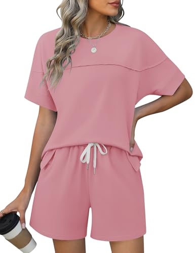 IECCP Damen Jogginganzug Zweiteiler Trainingsanzug Set Sommer Tracksuit Loungewear Outfit Kurzarm Rundhals Top Shorts mit Elastischem Kordelzug Rosa L