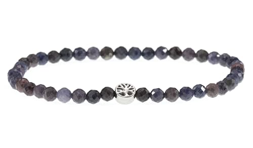 LAKADA Echtes Saphir Edelstein Armband mit facettierten 4mm Perlen und Edelstahllebensbaum Heilstein Schutzstein Edelsteinarmband Glücksbringer Talisman Geschenk (Saphir, S., 18CM)