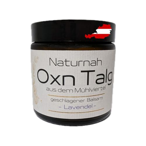 Handgemachte Bio Rindertalg Creme von grasgefütterten Bio Rindern aus Österreich (Region Mühlviertel), natürliche Hautpflege, hilft bei empfindlicher, trockener und rissiger Haut (120 ml), Lavendel