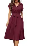 Cassiecy Sommerkleid Damen Knielang Kurzarm Blusenkleid Elegant V-Ausschnitt Midikleid Casual Wickelkleid Strandkleid mit Taschen（L,Weinrot）