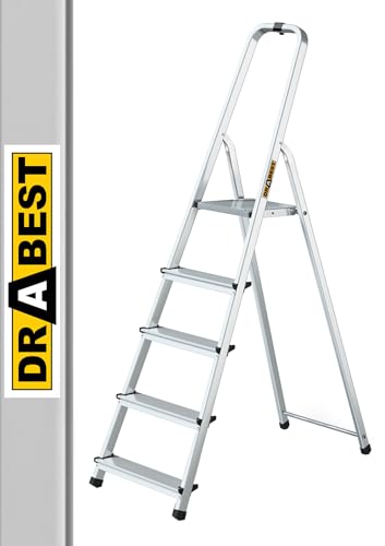 DRABEST Trittleiter klappbar Aluleiter 5 Stufen mit Ablage Stufenleiter Haushaltsleiter Belastbar bis 125 kg Stehleiter kostenloser Haken