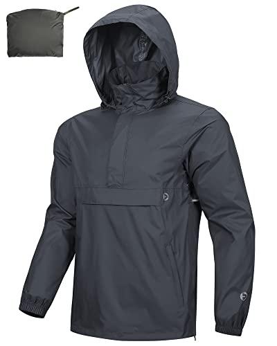 Outdoor Ventures Herren Regenjacke Wasserdichter Pullover mit Kapuze Packbare Reflektierende Jacke Leichte Fahrrad Windjacke Atmungsaktive Softshelljacke für Wandern Laufen Outdoor Dunkelgrau XL