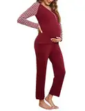 Bresdk Stillpyjama Damen Lang Zweiteiliger Schlafanzug Langarm Umstands Stillschlafanzug Baumwolle Pyjama Stillfunktion Geburt Set Maternity Pyjama Rot M