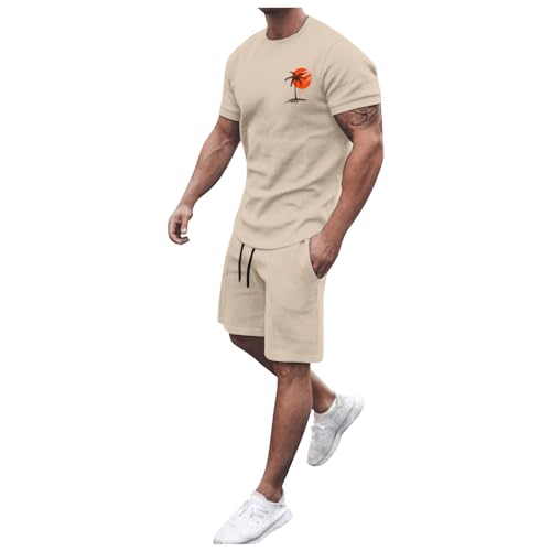 QJDFLL Trainingsanzug Herren 2 Teiler Jogginganzug Herren equeme Sommer Outfit Oversized Sport Kleidung Zweiteiler Fitnessanzug Kurzarm T-Shirt und Kurze Hose Schlafanzug Loungewear (B-Beige,XXL)