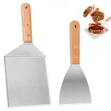 2 Stück Grillspachtel Set Plancha Spachtel Pfannenwender Edelstahl mit Holzgriff, Grillschaber Burger Spachtel für Grillen Drinnen und Draußen