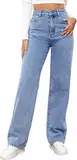 MANGGUO Damen-Jeans, hohe Taille, gerader Schnitt, gerade, Baggy, breite Beine, schlankmachend, mit Allen Hosen für Herbst und Winter, elastisch, klassisch, Denim(Hellblau, XXL)