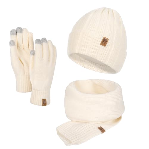 HEYO Damen Winterset gestrickte Mütze Schal weiche Handschuhe warmes Set für Damen Gefütterte Wintermütze mit Großer Winterschal Damenschal (Beige)