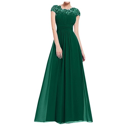 Abendkleid Damen Elegantes Floraler Spitze Patchwork Cocktailkleid Rundhals Mittleren Ärmeln Ballkleid Bodenlanges langes Maxikleid Partykleid mit Rüschensaum Einfarbig Brautkleid Hochzeitskleid