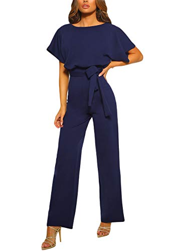 Happy Sailed Damen Langarm O-Ausschnitt Elegant Lang Jumpsuit Overall Hosenanzug Playsuit Romper,Blau,M