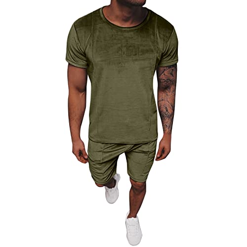 Herren Sommer Outfit Strand Kurzarm Festes Hemd Kurzer Hemdhose 2 Stück mit Taschen Kleiderbeutel Reise Hemden Shorts Strand Hosenanzug Kleidersack Schwarz Shorts Herren Baumwolle (Green, XXL)