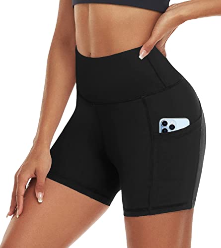 ACTINPUT Radlerhose Damen mit Taschen High Waist Yoga Shorts Kurze Leggings Blickdicht Sporthose Hotpants(Schwarz，S)