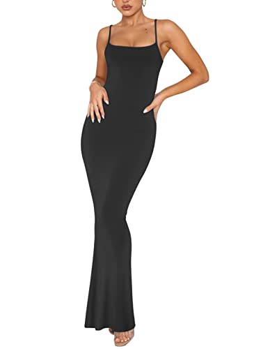 REORIA Damen Sexy Lounge Slip Langes Kleid Elegantes Hochzeitsgast ärmelloses rückenfreies Geripptes figurbetontes Maxikleid Schwarz S