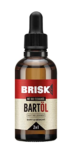 BRISK 2in1 Bartöl für Männer, 50 ml, Bartpflege mit Bio-Teebaumöl, zieht schnell ein, gepflegte Haut & weiche Barthaare, fettet nicht, zur Rasur, Gesichtspflege