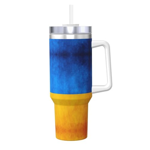EdWal Ukrainischer Flaggenaufdruck, doppelwandig, Edelstahl, Reise-Kaffeetasse mit Deckel, Sommerisolierung und Kühlbecher