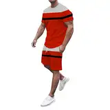 Herren Frühjahr Sommer Freizeit Sport Atmungsaktiv Absorbierend Nähte Bedruckte Kurzarm Shorts Zweiteiliges Set Herren Trainingsanzug Herren Kurze Hose mit Reißverschlussttasche Herren (Red, XL)