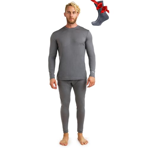 Merino.tech 100% Merino Unterwäsche Herren Set - Leicht Thermounterwäsche Merinowolle, Langarm Shirt und Hose + Wandersocken aus Merinowolle (Medium, 165 LITE Perfect Grey)