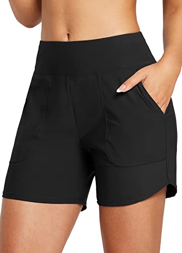 BALEAF Damen Badeshorts Bauchkontrolle UPF50+ Badehose Schnell Trocknend Schwimmhose Hohe Taille Boardshorts Schwimmunterteil mit Taschen Schwarz XXL