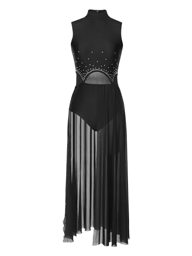 iEFiEL Damen Tanzkleid mit Strass Mesh Ballettkleid Ballett Trikotanzug Jumpsuit Tanzbody Overall Gymnastik Wettbewerb Tanzkostüm Schwarz S