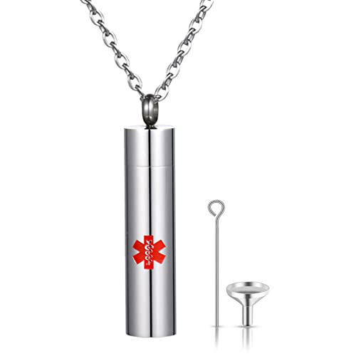 JewelryWe Schmuck Halskette Herren Damen Edelstahl Medical Alert Notfall Kapsel Zylinder Asche Urne Anhänger mit 55cm Kette Personalisierte Medizinische Marke