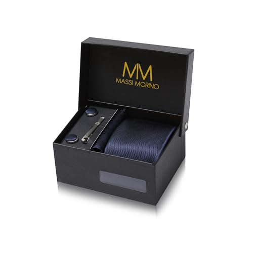 Massi Morino Krawatte Dunkelblau mit Einstecktuch Set Herren inkl. Manschettenknöpfe, Krawattennadel und Geschenkbox - Männer Krawattenset