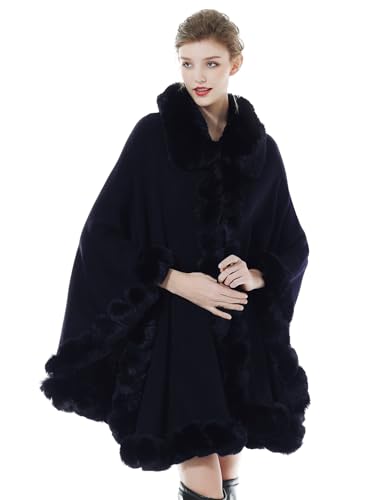 BEAUTELICATE Kunstpelz Poncho Cape Strick Damen Winter Kunstfell Schal Stola Cape Cardigan Warm mit Kragen für Hochzeit Zeremonie Festlich (Dunkelblau, Einheitsgröße)