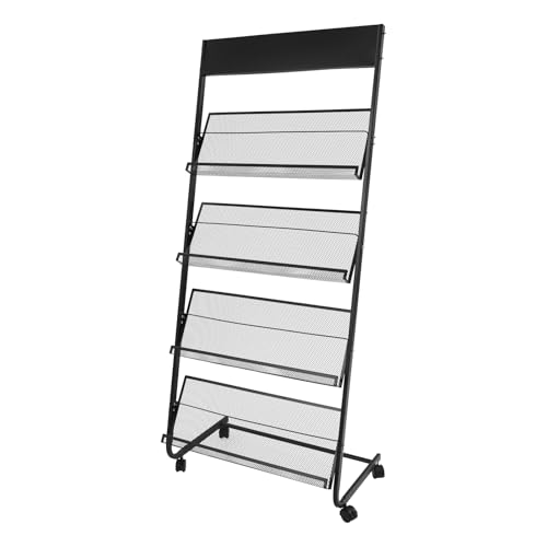 Naxidf Zeitschriftenständer, 4-stufiger Bodenstehender Literaturständer, Prospektständer mit Rädern, 63 * 36 * 148cm (Schwarz)