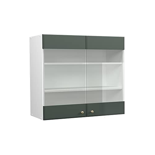 Vicco Küchenschrank Glas Fame-Line, Grün-Gold Landhaus/Weiß, 80 cm