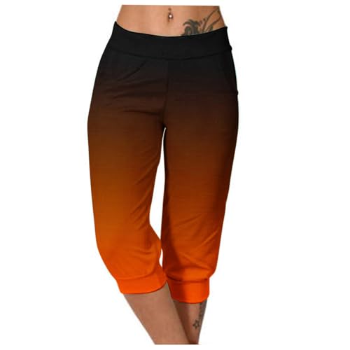 EMATOP Damen 3/4 Casual Yogahose High Waist Hippie Hose Leicht Elegant Sweathose Baumwolle Vintage Stoffhose mit Taschen Sporthose Bunte Farbverlauf Sommerhose Teenager Mädchen Laufhosen