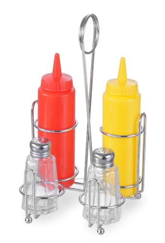 HENDI Menage Set, Zwei Glasstreuer (60 ml), 2 Quetschflaschen aus Polyethylen, Gewürzständer, Quetschflaschen: 0,35L, Edelstahl 18/0