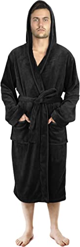 NY Threads Morgenmantel für Männer mit Kapuze, Kuschelig weich, Loungewear und Nachtwäsche (Schwarz, Groß)