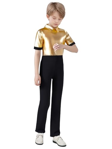 MSemis Metallic Turnanzug für Jungen Kurzarm Latin Jazz Ballett Anzug Einteiliger Gymnastikanzug Tanzkostüm Gold 146-152