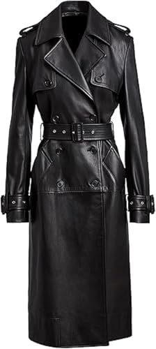 ZM ATTIRE Damen Trenchcoat mit Gürtel, echtes Leder, volle Länge, für zeitlosen Stil, Schwarz, Schwarzer Mantel – echtes Leder, M