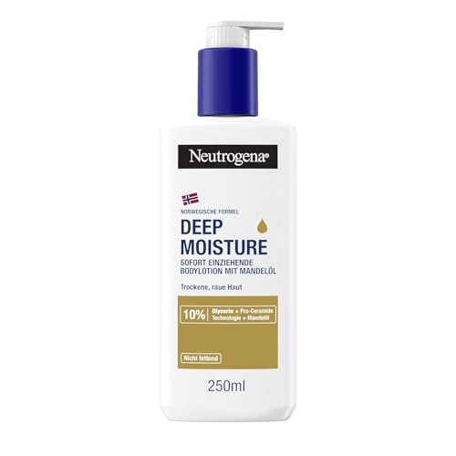 Neutrogena Deep Moisture Bodylotion mit Mandelöl, sofort einziehende Körperlotion für 72h intensive Feuchtigkeit, nicht fettende Hautpflege mit Pro-Ceramide Technologie für trockene Haut (250 ml)