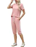 Aottori Jogginganzug Damen Set Rundhals Kurze Ärmel Trainingsanzug Zweiteiler Elegant Hausanzug Freizeitanzug Sportanzug 2 Teiler Sommer Outfits Rosa M