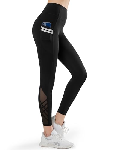 Yvette Damen Sport leggings mit Tasche, high Waist Sporthose mit Mesh unter, Schwarz, XXL