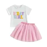 Baby Mädchen Geburtstag Outfit Kurzarm Brief Stickerei T-Shirt Mit Regenbogen Tüll Rock Baby Mädchen Geburtstag Prinzessin Tüllrock Geburtstag Spitzen Tutu Rock Outfit (Rosa-C, 3-4 Years)
