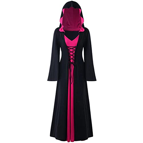 CNVAUIE Halloween Vintage Hexenkleid Frauen Renaissance Mittelalter Kostüm Kleid Halloween Vampir Hexe Kapuzenkostüm (Schwarz/Rosa, S)