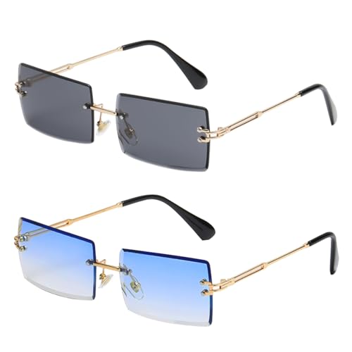 SKHAOVS 2 Pack Rechteck Randlose Sonnenbrille, Retro Rechteckig Sonnenbrille Randlos für Frauen Männer, Mode Retro Rechteck Brille Quadratische durchsichtige Sonnenbrille, Rimless Sunglasses