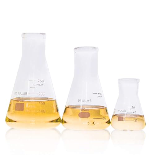 ULAB Scientific Erlenmeyer Flaschen Set aus Glas mit schmaler Öffnung, 3 Größen, 50 ml, 150 ml, 250 ml, 3,3 Boro mit aufgedruckter Graduierung, UEF1001