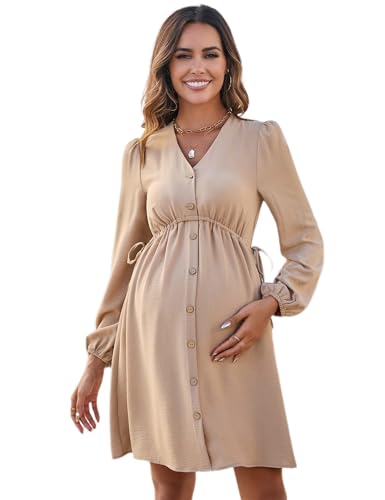 KOJOOIN Umstandskleid Damen V-Ausschnitt Langarm Stillkleid Lässig elegant Schwangerschaftskleid mit Knöpfen Khaki L