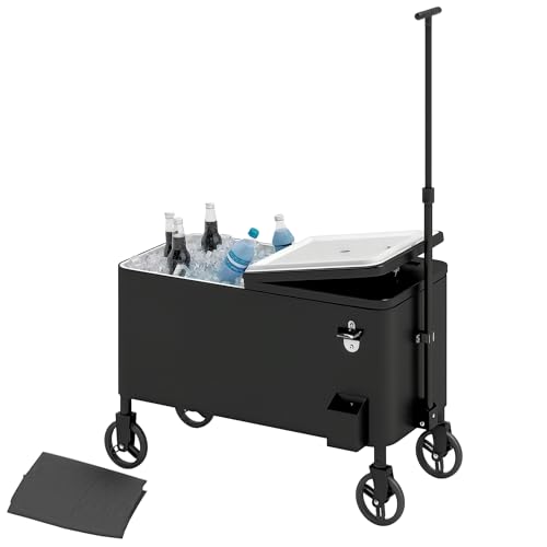 Outsunny 76L Kühlwagen Servierwagen mit Rädern Flaschenöffner Deckel Griffe Fahrbare Kühlbox Beistellwagen Bar Kühlbehälter Getränkewagen für Outdoor Terrassen Party Weiß