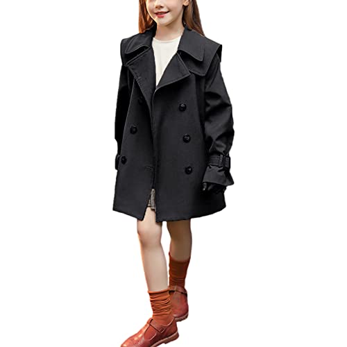 amropi Mädchen Langarm Trenchcoat mit Gürtel Einfarbig Windjacke Parka (Schwarz-2,6-7 Jahre)